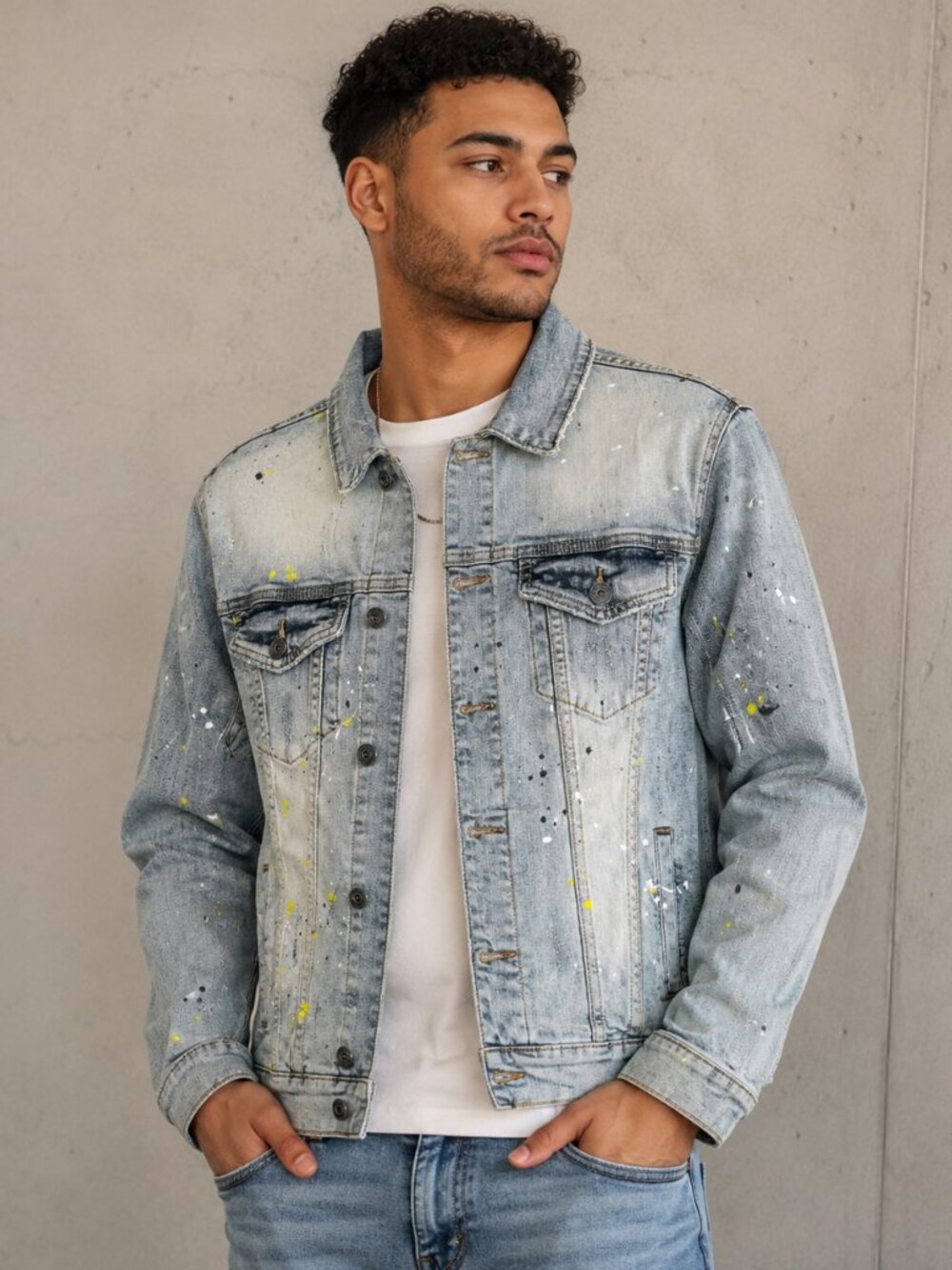 NWT Crysp Denim Paint Splatter Jean Jacket Light Wash M